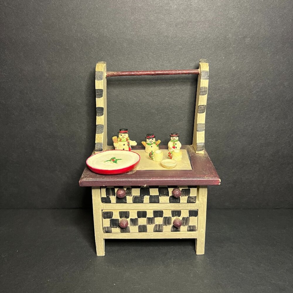 Mills River Mini Dollhouse Checkered Cabinet w/ Snowman Canisters, Dishes & Cups